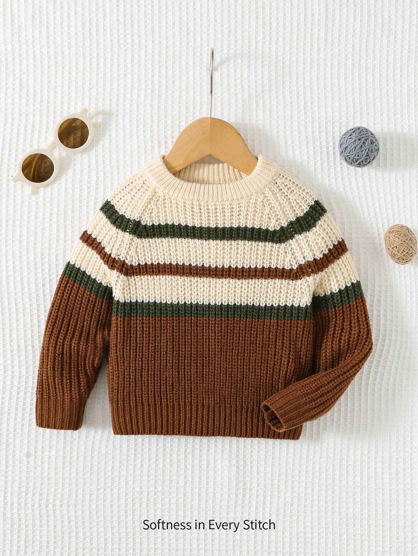 Baby Boy Colorful Striped Crew Neck Sweater – Soft Knit Long Sleeve Pullover