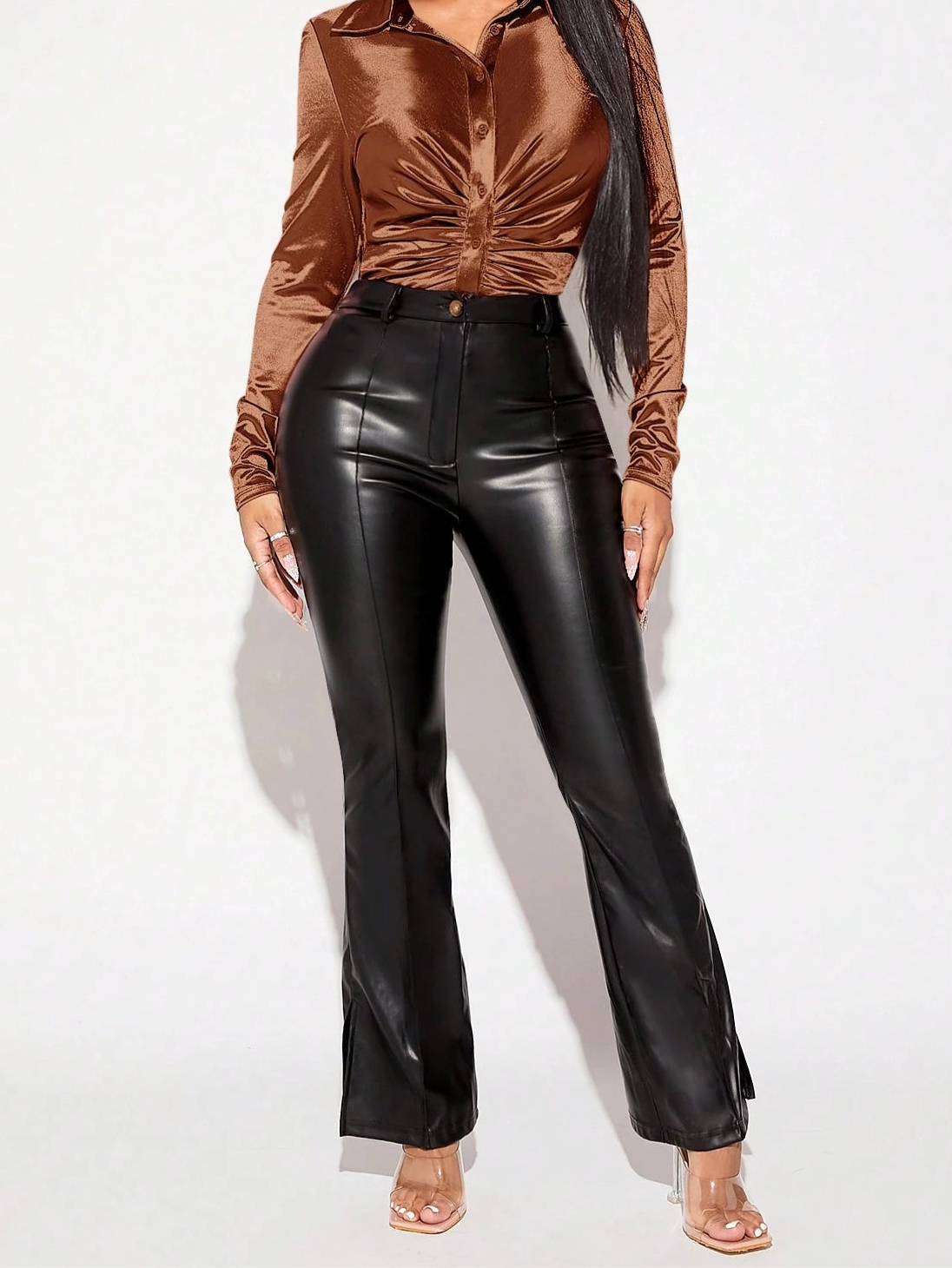 Women's Ruched Button Front Satin Shirt – Elegant and Chic Blouse for Day or Night