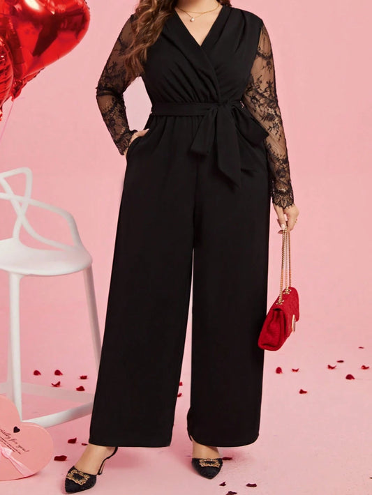 Plus Size Women's Lace Wrap Front Long Sleeve Jumpsuit – Elegant One-Piece Outfit for Special Occasions